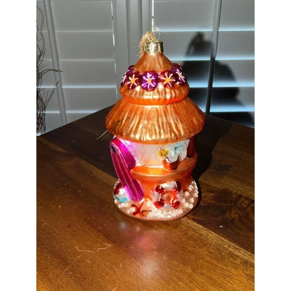 Tropical Beach Hut & Tiki Bar Glass Ornaments Set Holiday Christmas xmas